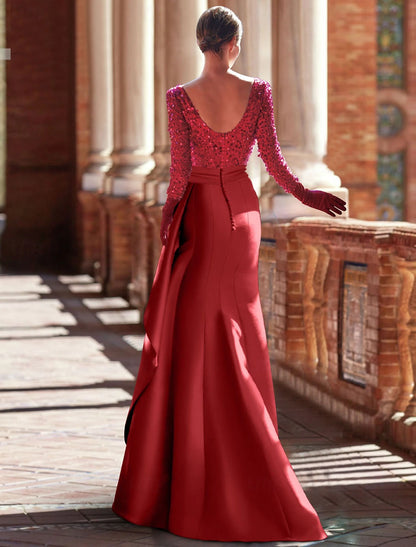 A-Line Satin Evening Gown Formal Christmas Floor Length Long Sleeve Jewel Neck with Glitter Ruffles