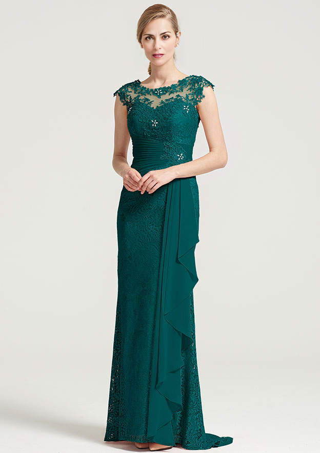 Sheath/Column Bateau Sleeveless Long Lace Dress With Ruffles Appliqued Pleated