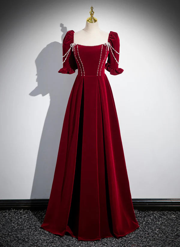 Wine Red Velvet Pearl Short Sleeves Long Prom Dress A-line Evening Dress