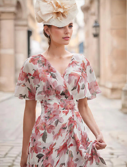 A-Line Wedding Guest Dress Elegant Floral Dress Casual High Low V Neck Asymmetrical Ankle Length Chiffon Short Sleeve with Cascading Ruffles