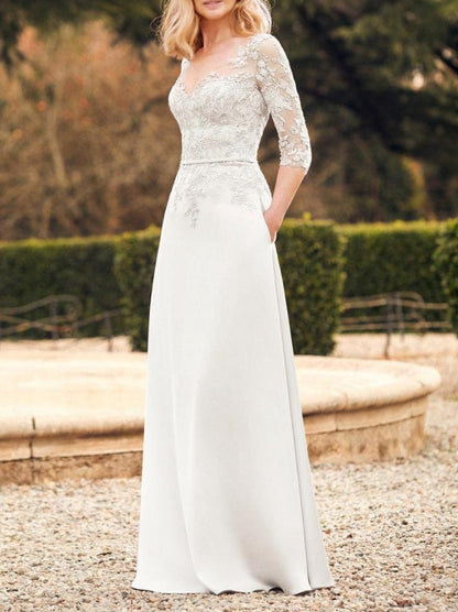 Mother Of The Bride V-Neck Half Sleeves A-Line Pockets Floor-Length Guest Dresses
