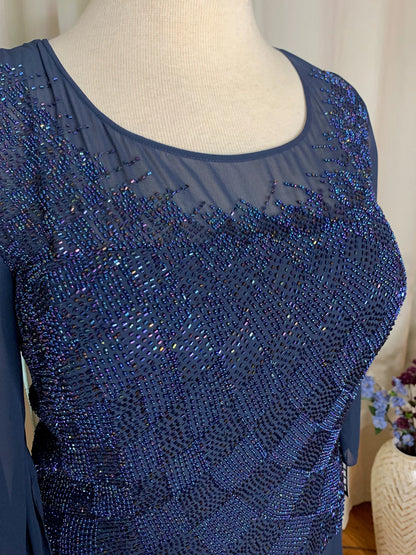 Beaded Navy Blue Formal Gown Mother of the Bride Chiffon Sleeve Dress Black Tie Formal Pageant Plus Size