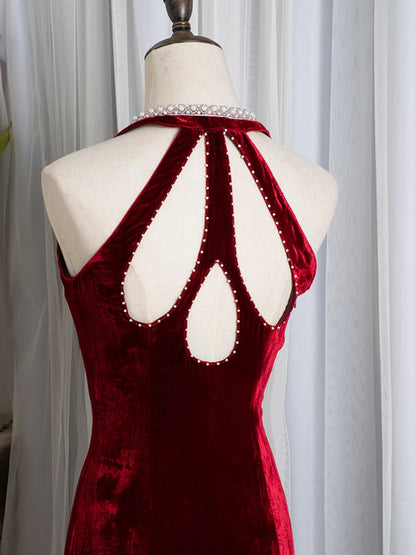 Wine Red Velvet Deep V-Neck Mermaid Beaded Long Party Dress Prom Dress
