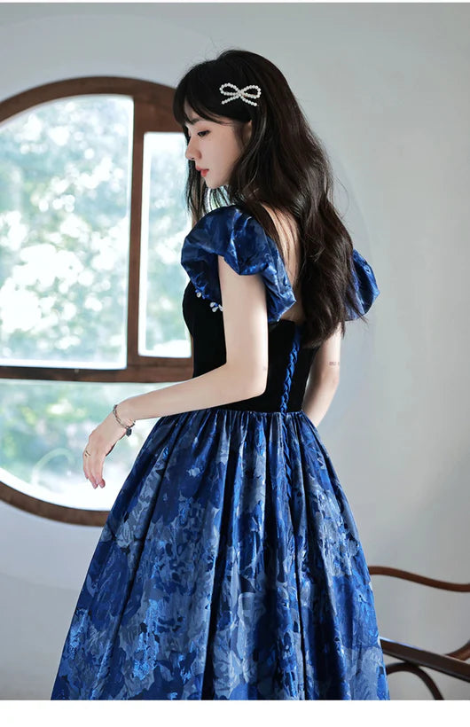 Blue Floral Satin Sweetheart Floor Length Evening Dress Prom Dress