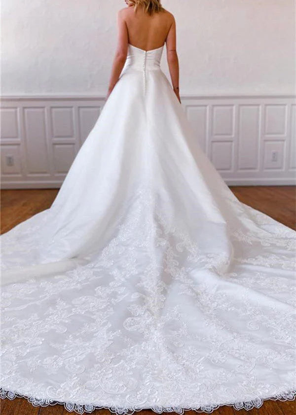 A-Line Strapless Satin Sweep Train Lace Appliques Wedding Dresses With Pockets