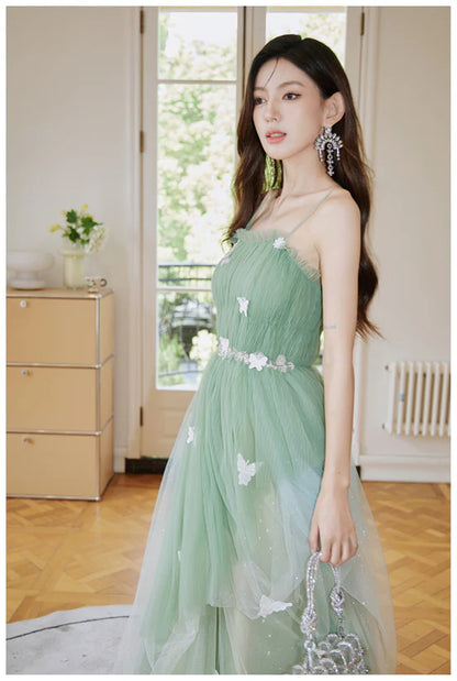 Light Green Tulle Spaghetti Strap Long Prom Dress Light Green A-line Party Dress