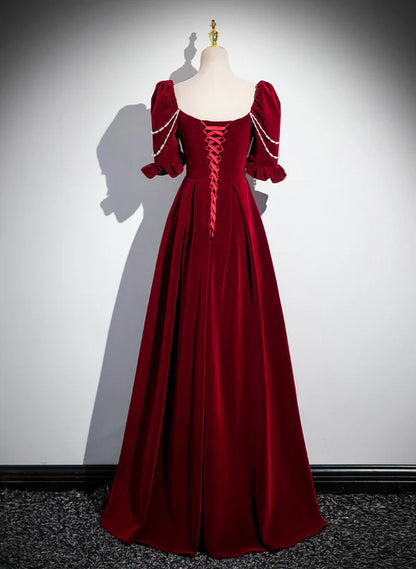Wine Red Velvet Pearl Short Sleeves Long Prom Dress A-line Evening Dress