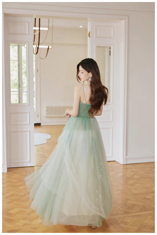 Light Green Tulle Spaghetti Strap Long Prom Dress Light Green A-line Party Dress