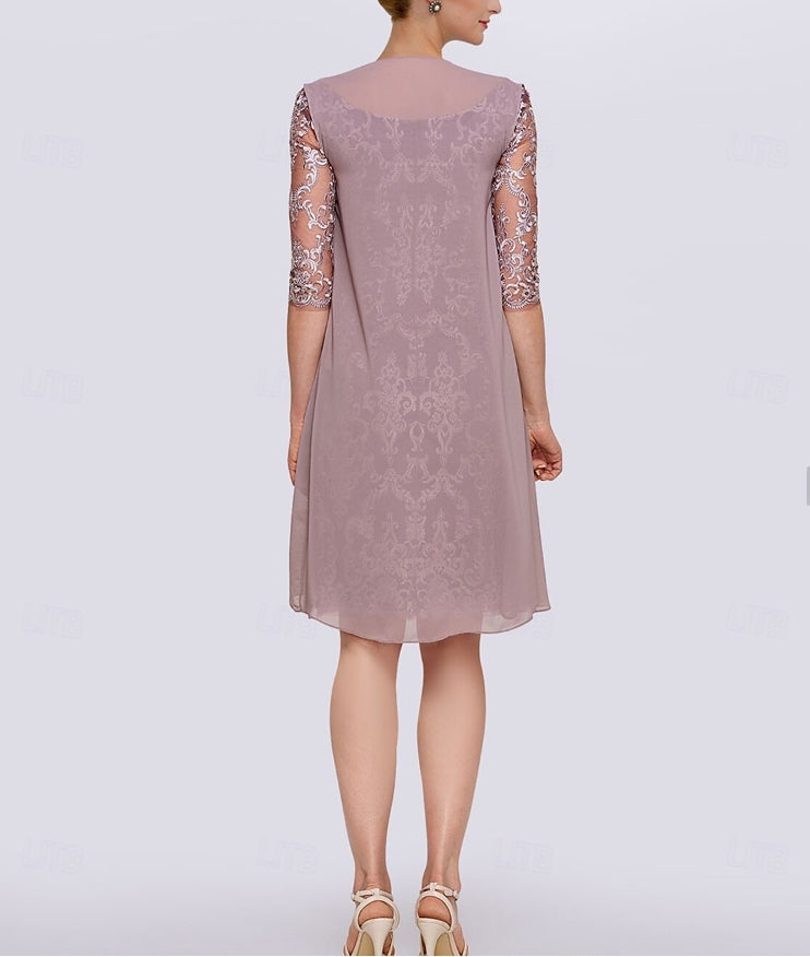 Two Piece Sheath / Column Mother of the Bride Dress Elegant Jewel Neck Knee Length Chiffon Lace Half Sleeve Jacket Dresses with Lace