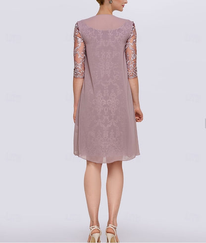 Two Piece Sheath / Column Mother of the Bride Dress Elegant Jewel Neck Knee Length Chiffon Lace Half Sleeve Jacket Dresses with Lace