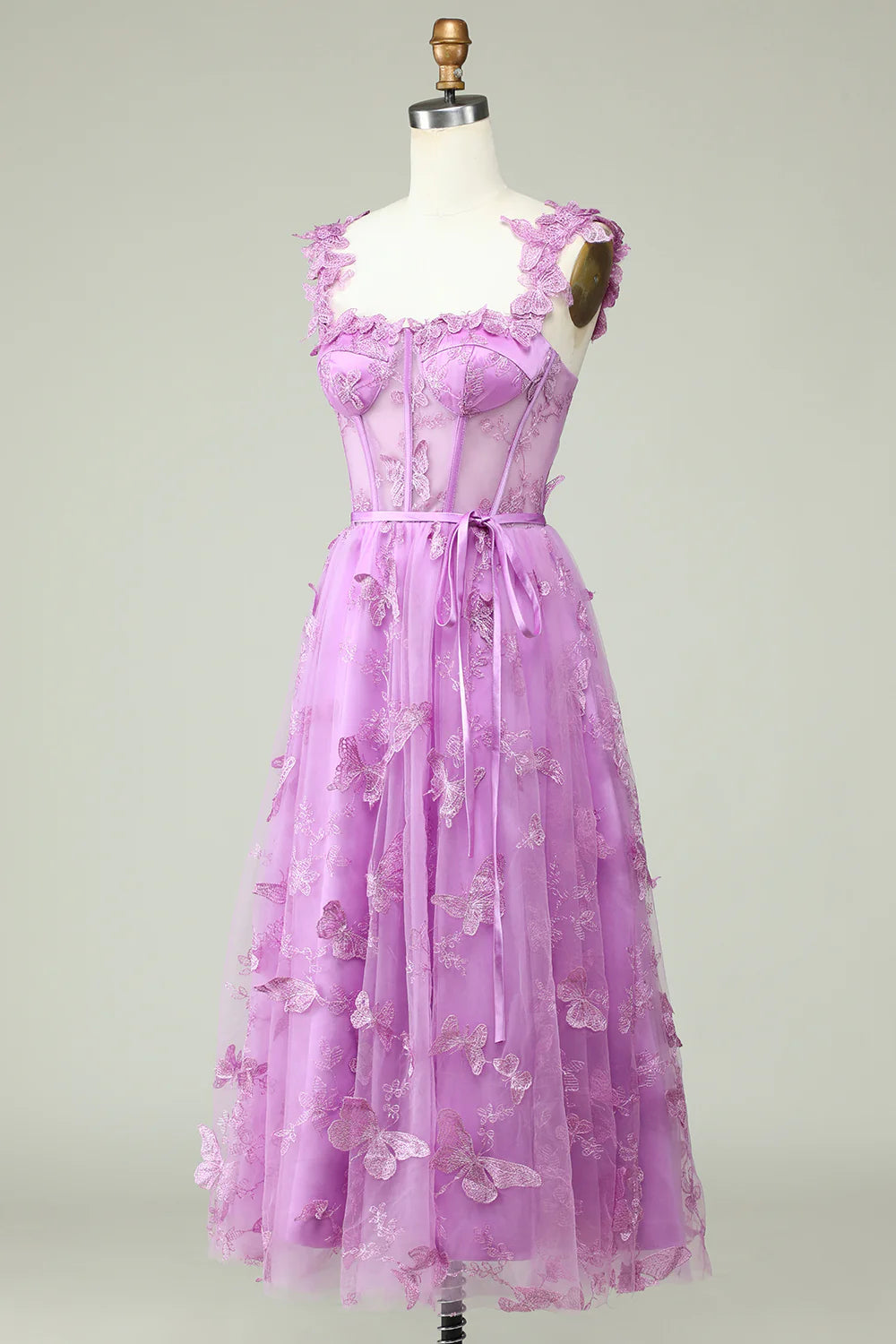 Purple A Line Tulle Butterflies Appliques Prom Dress
