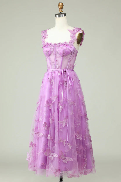 Purple A Line Tulle Butterflies Appliques Prom Dress