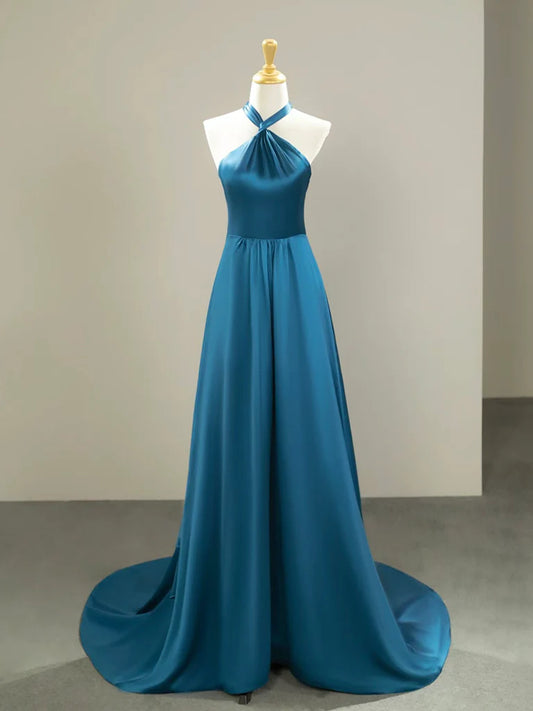 Simple Satin Blue Halterneck Formal Long Prom Dress with Sweep Train
