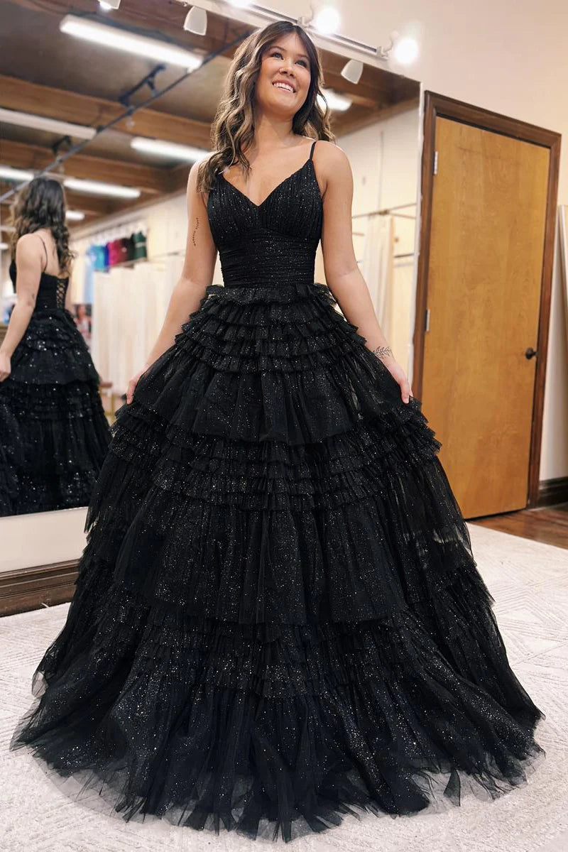 black glitter tulle prom dress Ball Gown V Neck Long Dresses priceFilter-below-50