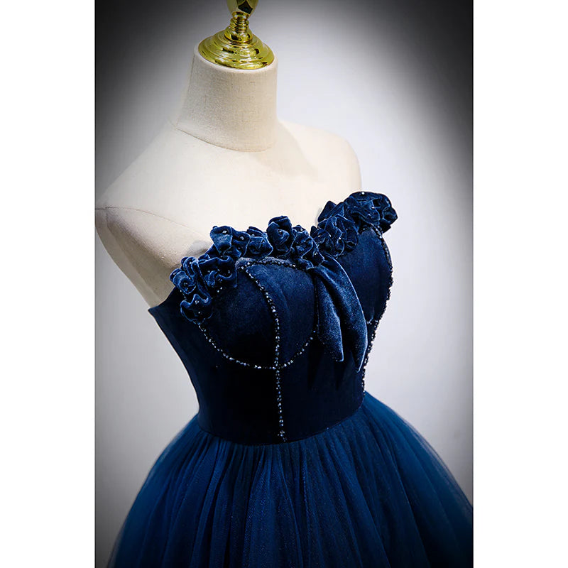 A-Line Princess Blue Sweetheart Tulle and Velvet Long Party Dress Evening Dress Prom Dress
