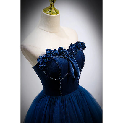 A-Line Princess Blue Sweetheart Tulle and Velvet Long Party Dress Evening Dress Prom Dress
