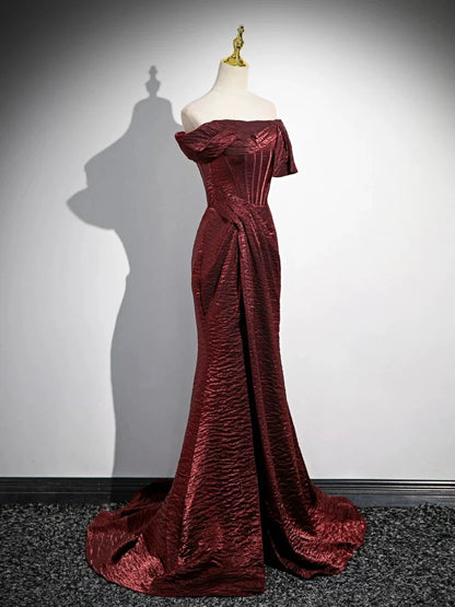 Mermaid Off Shoulder Satin Burgundy Long Corset Prom Dress Formal Dress With Sweep Train