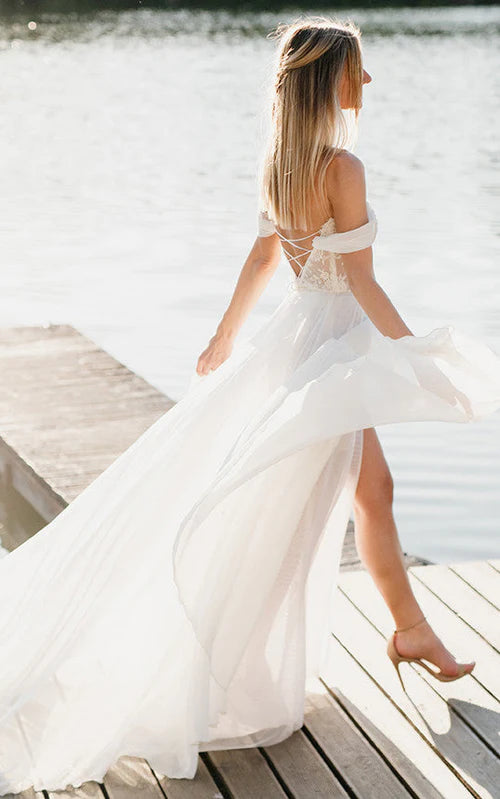 A-Line Lace White Lace-Up Off-the-Shoulder Wedding Dress with Slit