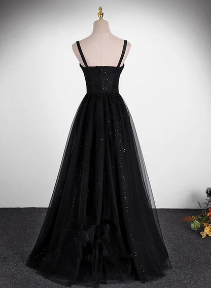 Sequins/Sparkling Black A-line Tulle Straps Simple Long Prom Dress Evening Dress