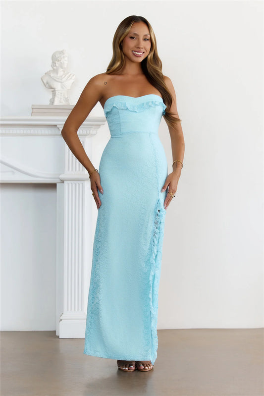 Sky Blue Maxi Evening Dresses with Strapless Lace Bodice Ruffle Trim High Side Slit and Fitted Skirt