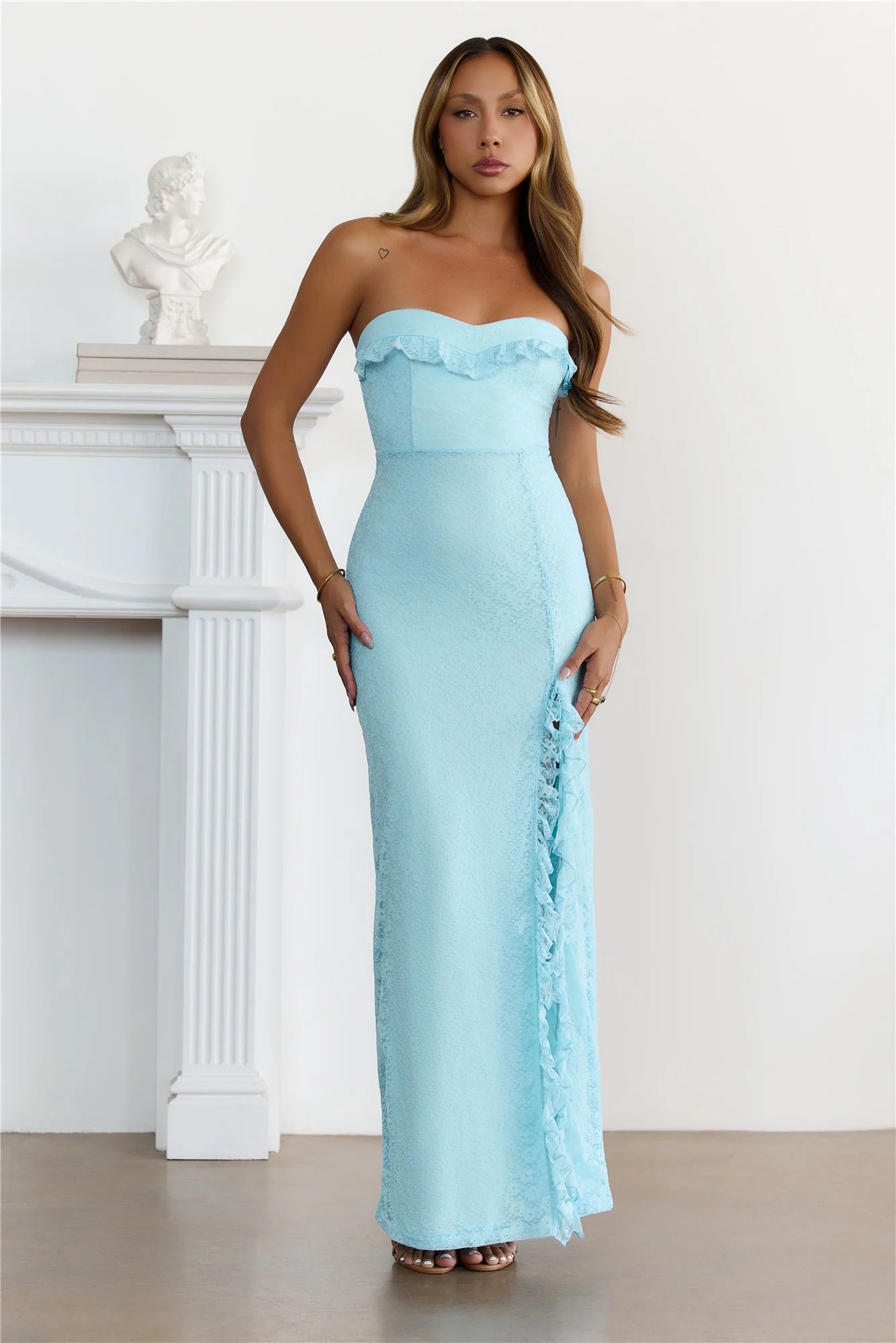 Sky Blue Maxi Evening Dresses with Strapless Lace Bodice Ruffle Trim High Side Slit and Fitted Skirt