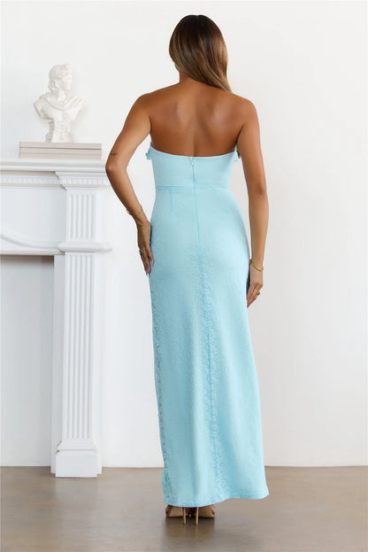 Sky Blue Maxi Evening Dresses with Strapless Lace Bodice Ruffle Trim High Side Slit and Fitted Skirt