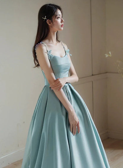 A-Line Blue Satin Beaded Straps Long Evening Dress Ballgown Satin Prom Dress With Sweep Train