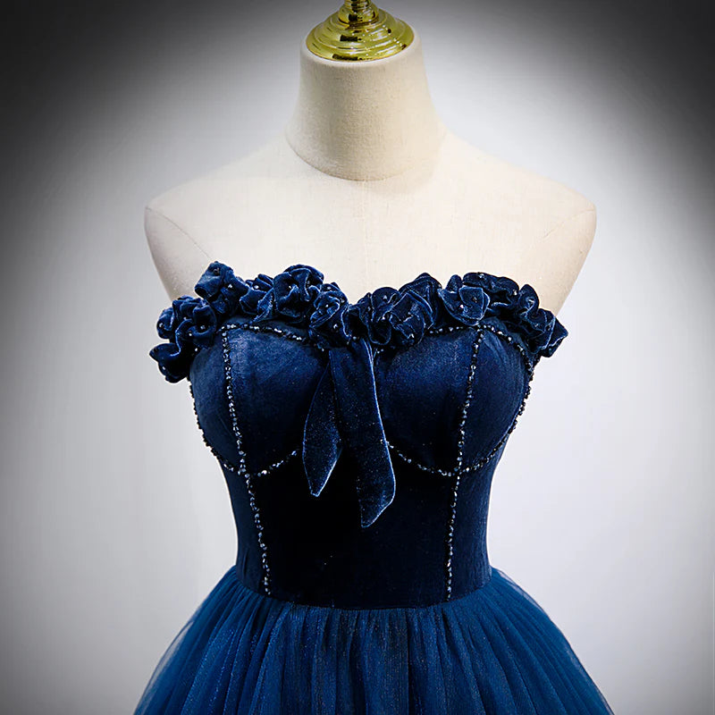 A-Line Princess Blue Sweetheart Tulle and Velvet Long Party Dress Evening Dress Prom Dress