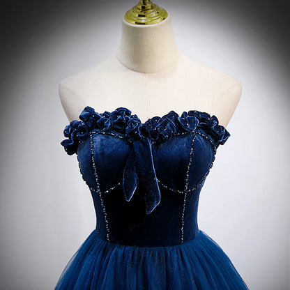A-Line Princess Blue Sweetheart Tulle and Velvet Long Party Dress Evening Dress Prom Dress