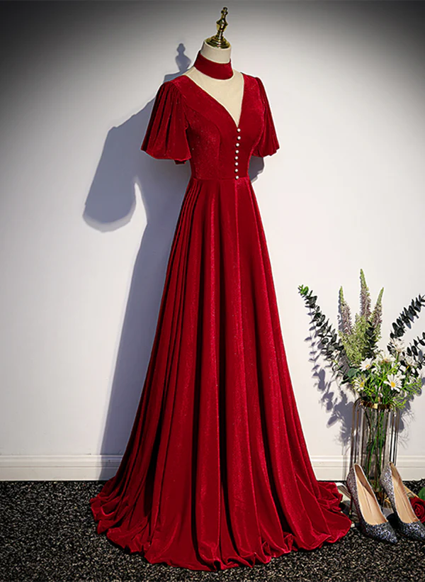 A-Line Red High Neckline Velvet Long Party Dress Short Sleeves Velvet Prom Dress