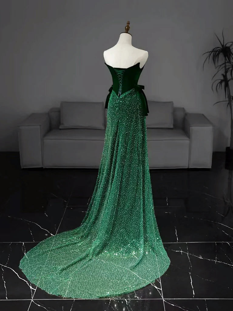 Mermaid Tulle Velvet Green Long Prom Dress Strapless Evening Dress