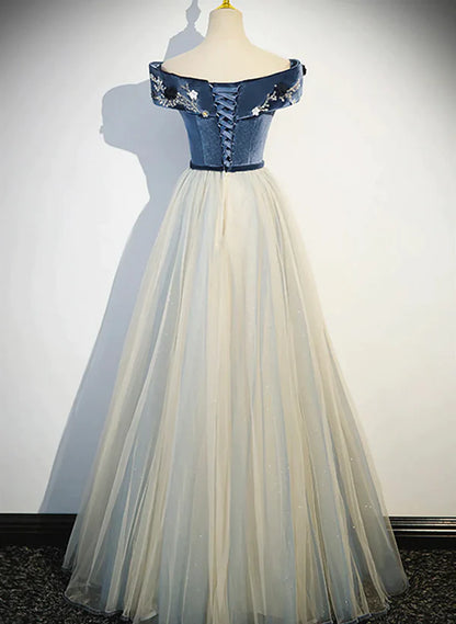 A-line Blue-Grey Sequins Off Shoulder Long Party Dress Velevet Long Prom Dress