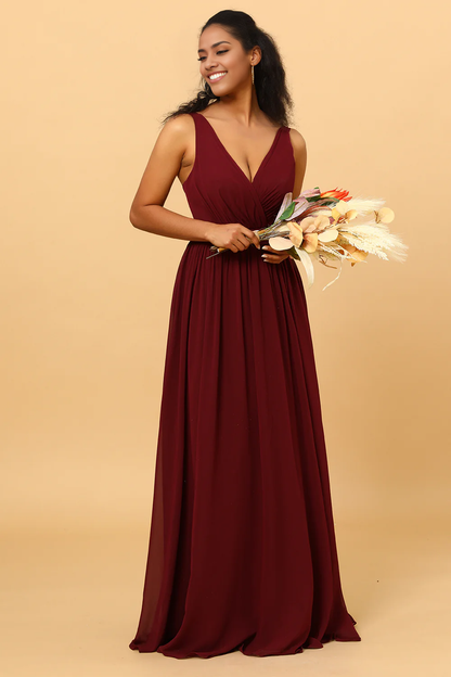 A-line V-Neck Chiffon Burgundy Bridesmaid Dress