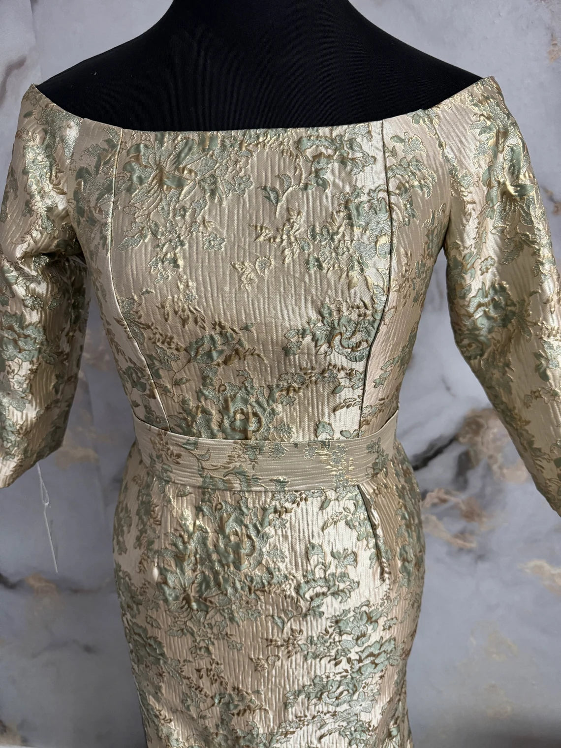 Mother Of The Bride Dresses Off The Shoulder Dress 3/4 Length Sleeve Trumpet Style Sage Gold Dress