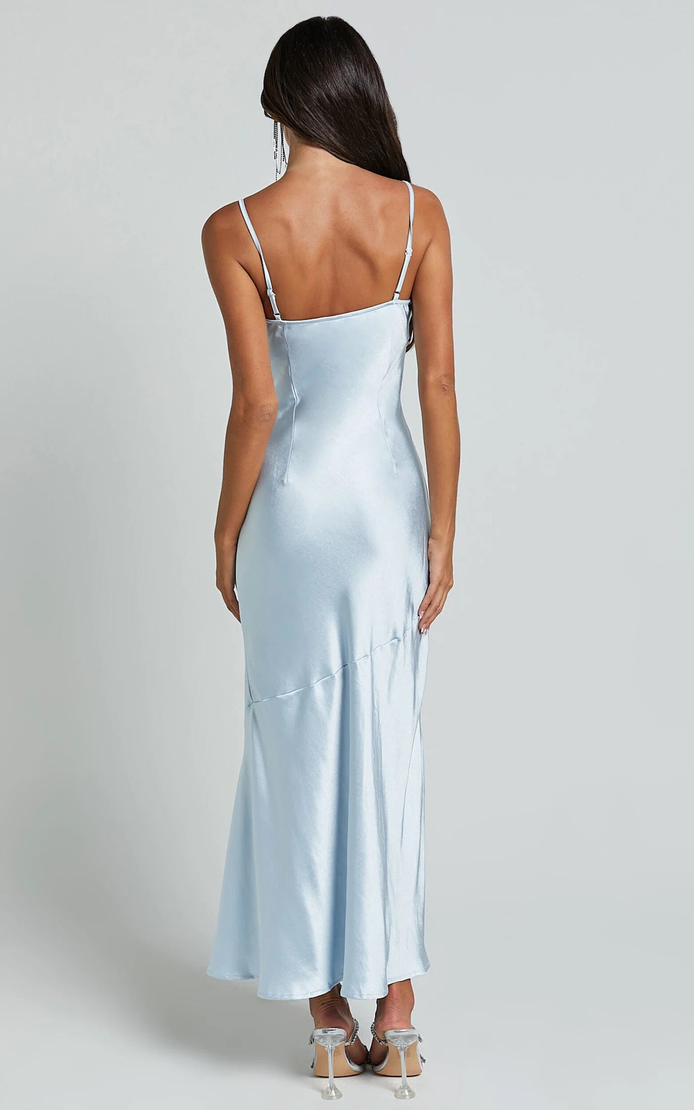 V collar off shoulder sleeveless thin shoulder strap backless side slit and floor length Prom dress