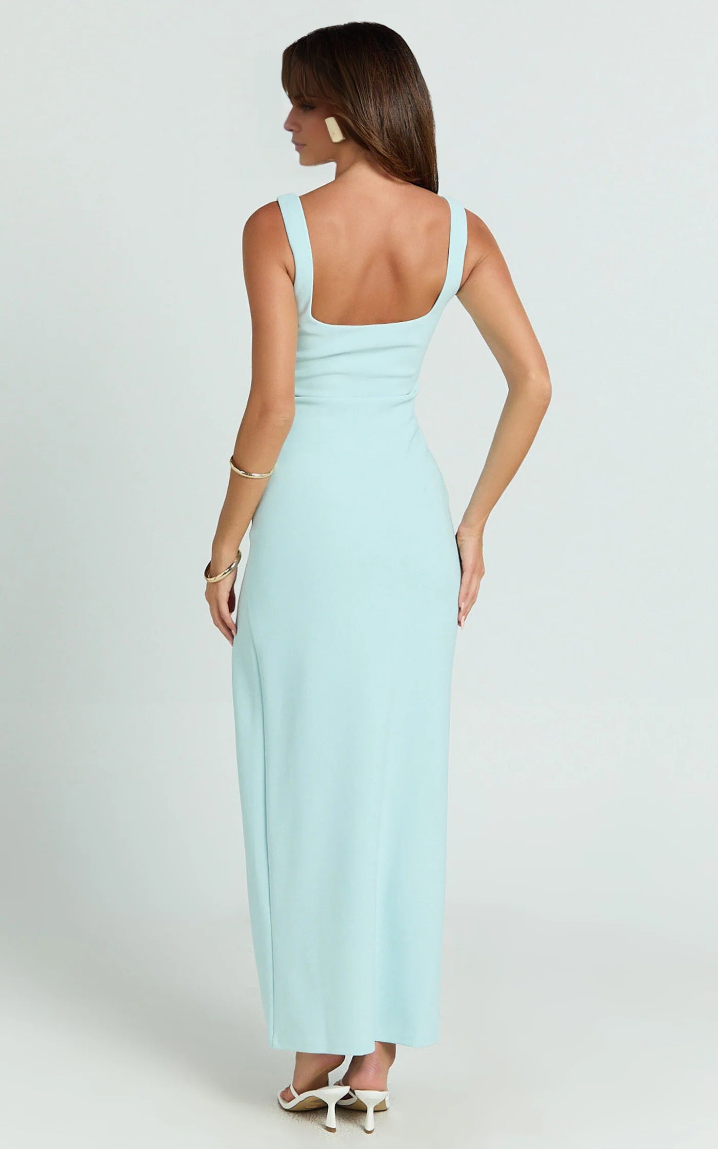 square neckline off shoulder sleeveless backless side slit and floor length Prom dress