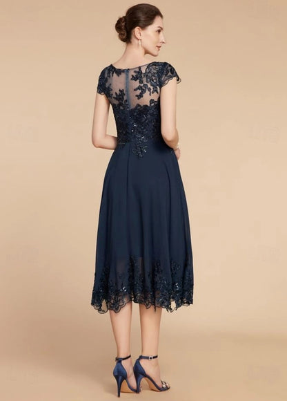 A-Line Mother of the Bride Dress Wedding Guest Elegant Scoop Neck Tea Length Chiffon Lace Cap Sleeve with Sequin