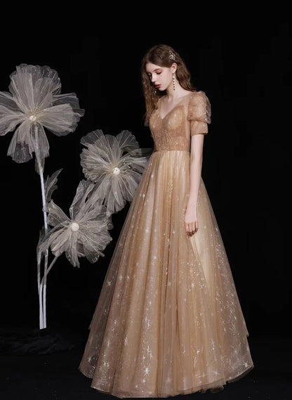 Champagne A-line V-neckline Tulle Short Sleeves Party Dress Long Prom Dress