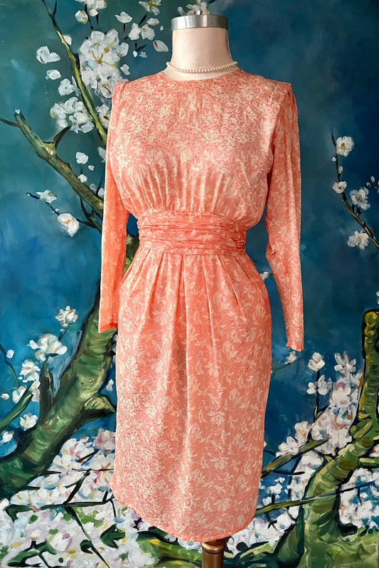 1980s Peach Floral Leopard Silk Jacquard Ruched High Waist Long Sleeve Mother of the Bride Bridesmaid Dress