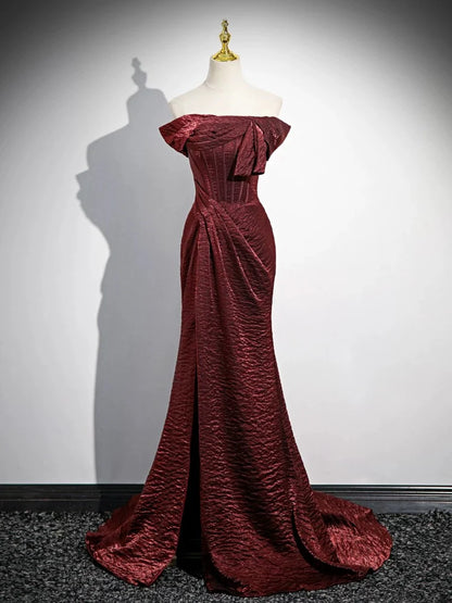 Mermaid Off Shoulder Satin Burgundy Long Corset Prom Dress Formal Dress With Sweep Train