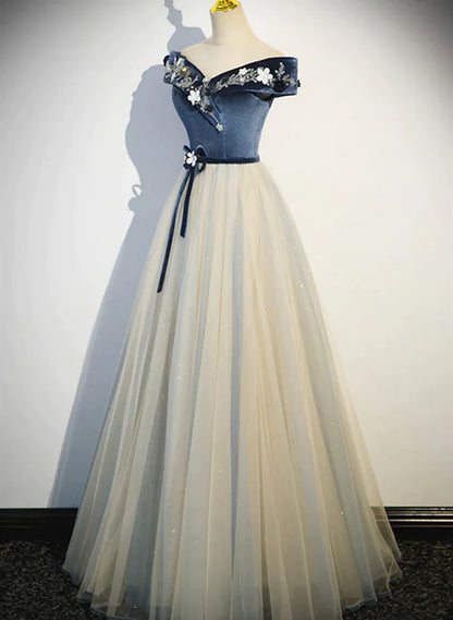 A-line Blue-Grey Sequins Off Shoulder Long Party Dress Velevet Long Prom Dress