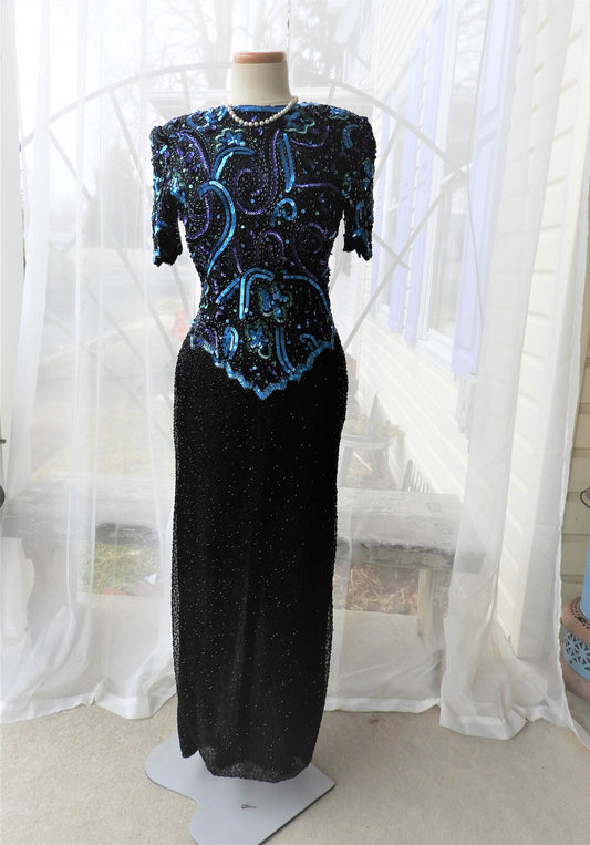 1980's Aqua Blue & Black Beaded Full Length Dress Sequin Formal Mother of the Bride Dress