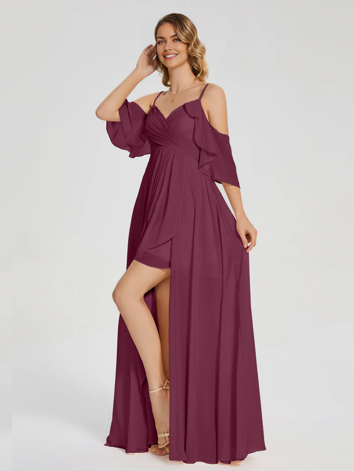 Asymmetrical Off the Shoulder Ruffles Chiffon Bridesmaid Dress