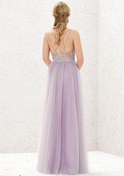 A-line V Neck Sleeveless Floor-Length Tulle Lace Bridesmaid Dress With Pleated