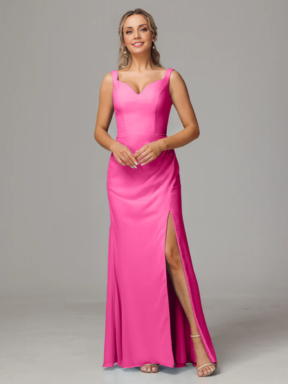 Sheath V Neck Sleeveless Chiffon Floor-length Bridesmaid Dress With Slit