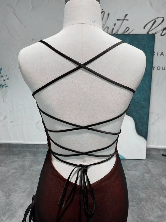 Sheath Chic Black and Red Long Cross Back Party Dress Black and Red Wedding Party Dress