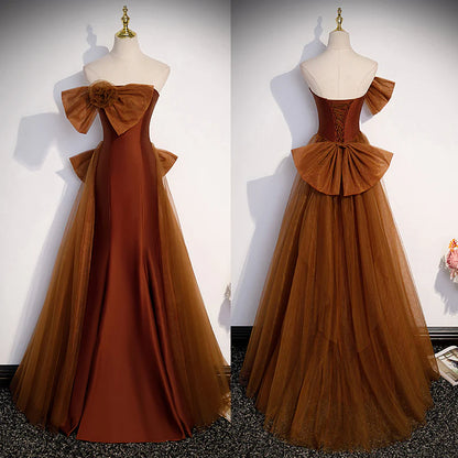 Mermaid Brown Tulle Satin Strapless Long Party Dress Formal Dress Prom Dress