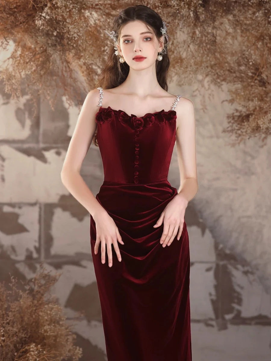 Simple Velvet Mermaid Burgundy Long Prom Dress Burgundy Long Formal Dress