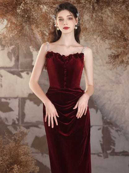 Simple Velvet Mermaid Burgundy Long Prom Dress Burgundy Long Formal Dress