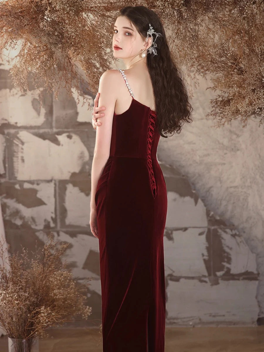Simple Velvet Mermaid Burgundy Long Prom Dress Burgundy Long Formal Dress